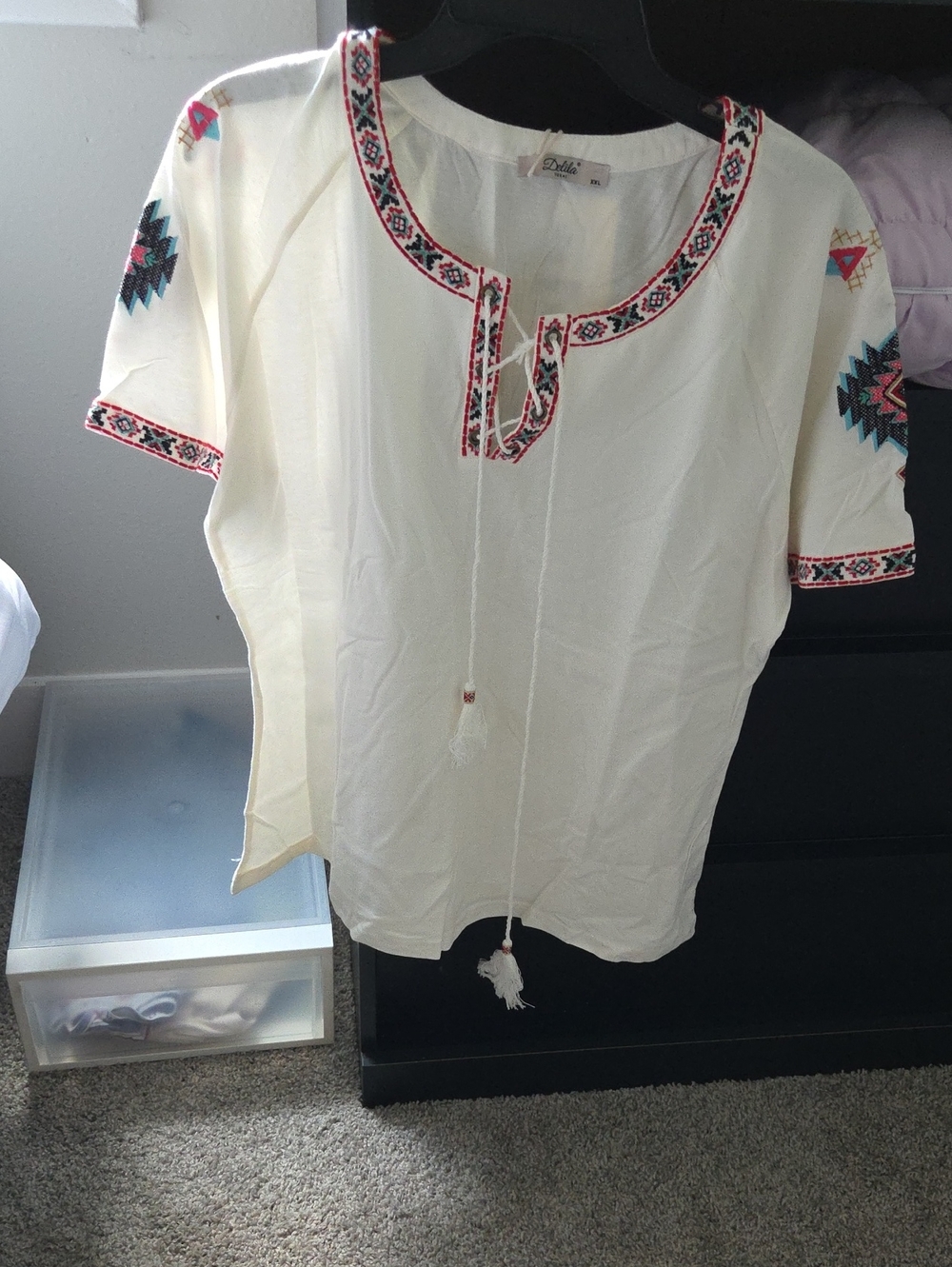 Delilah Wear Cream Embroidered Tassel Peasant Top